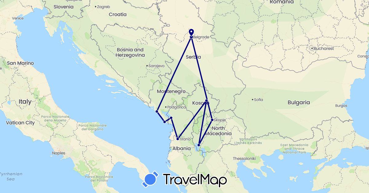 TravelMap itinerary: driving in Albania, Montenegro, Macedonia, Serbia, Kosovo (Europe)